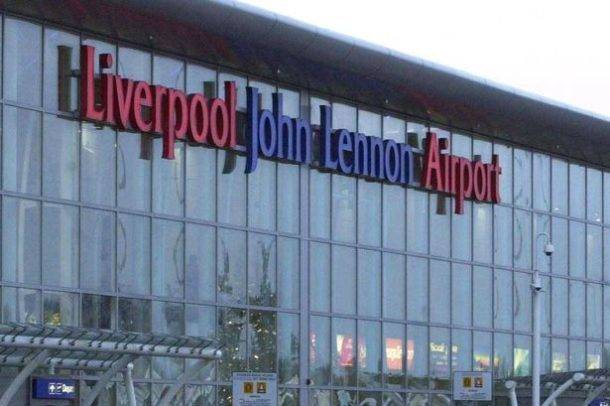 Liverpool John Lennon Airport front glass terminal and sign