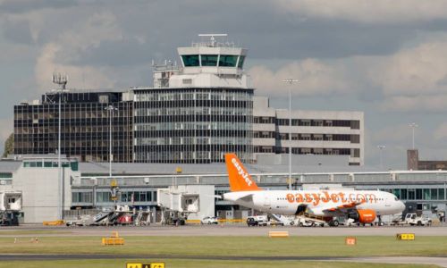 Manchester Airport with Easy Jet plane. CTS Airport shuttle services